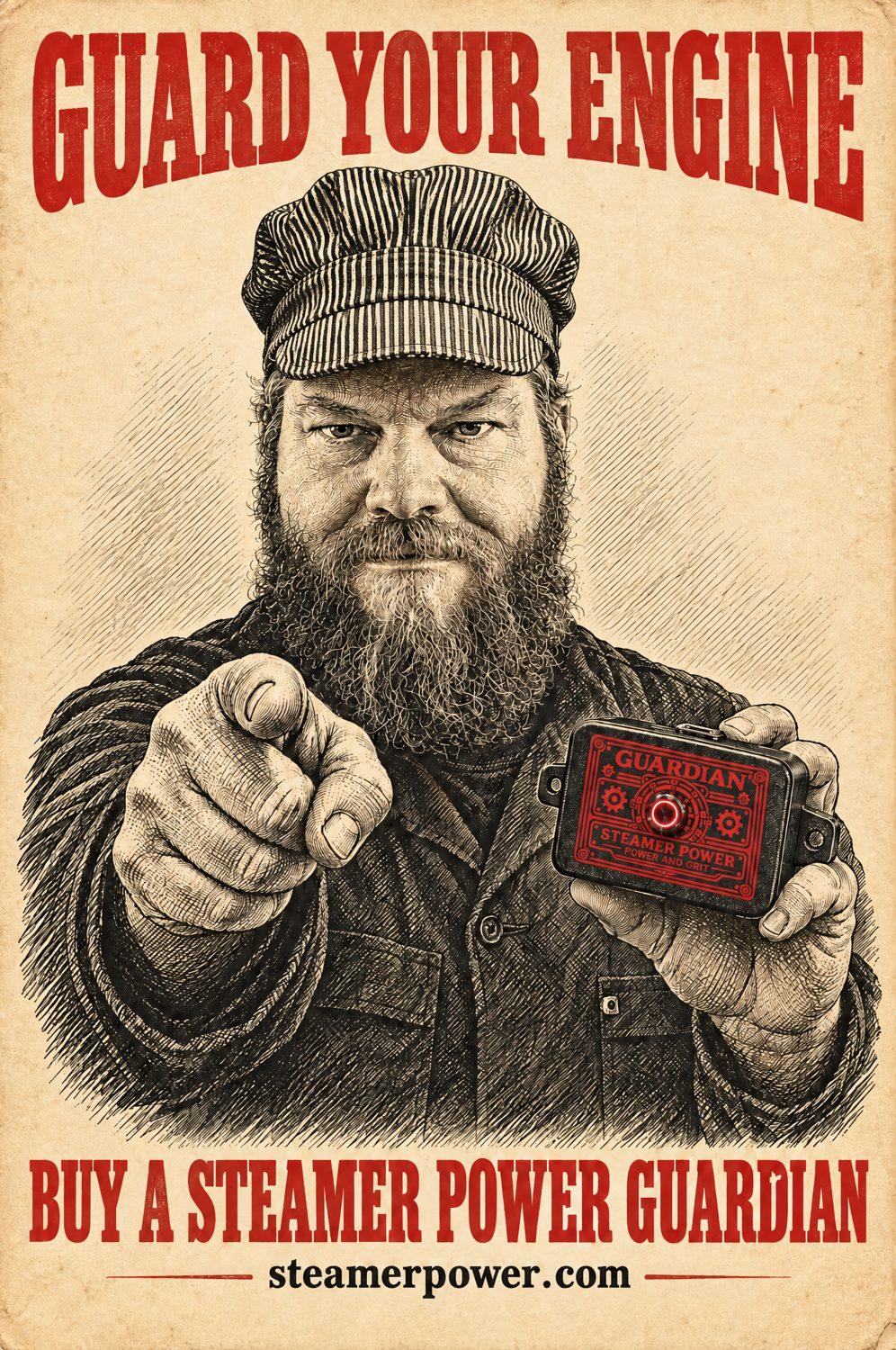 Recruiting-poster engraving: Tom Urbik points at the viewer, holding a Steamer Power Guardian, under the words Guard Your Engine