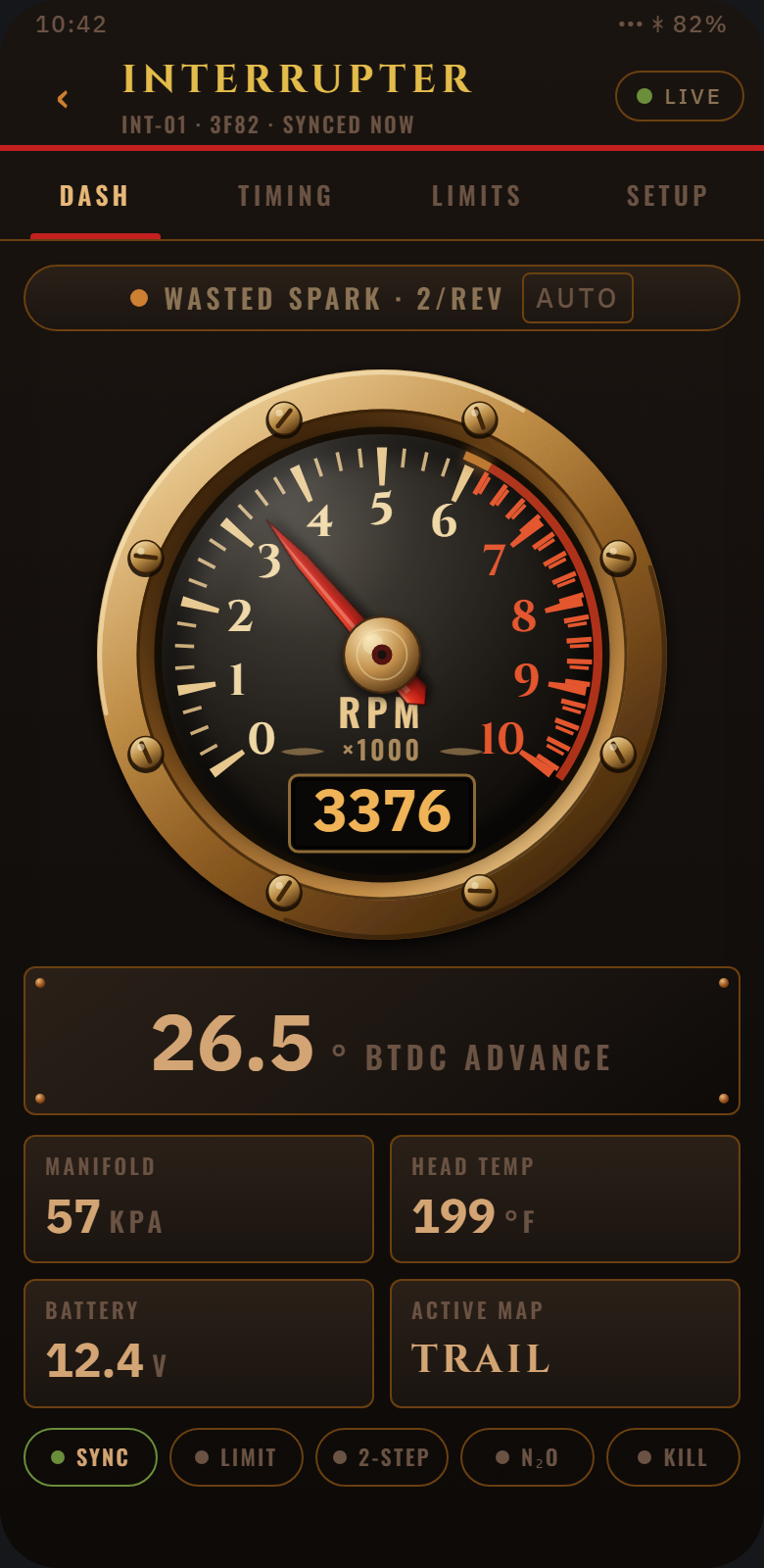 Design mock-up of the planned STOKER app: Interrupter dash: RPM gauge, timing advance, manifold pressure, head temperature and battery