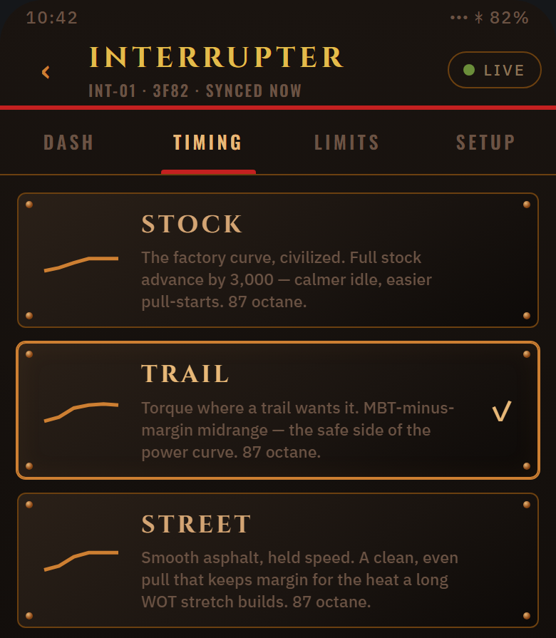 Design mock-up of the planned STOKER app: Interrupter timing tab: Stock, Trail and Street timing presets