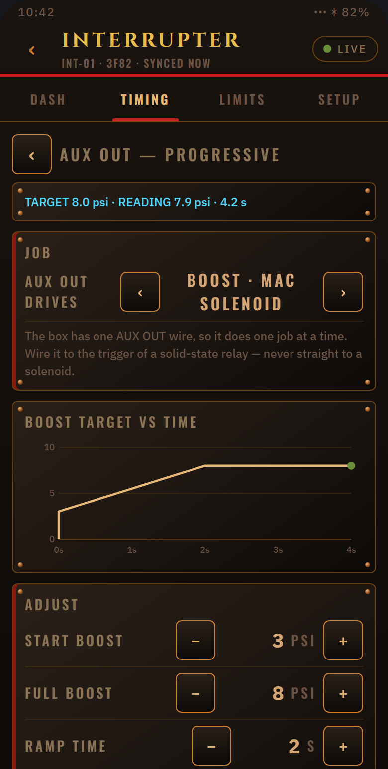 Design mock-up of the planned STOKER app: boost control screen: boost target ramps from 3 to 8 psi over 2 seconds