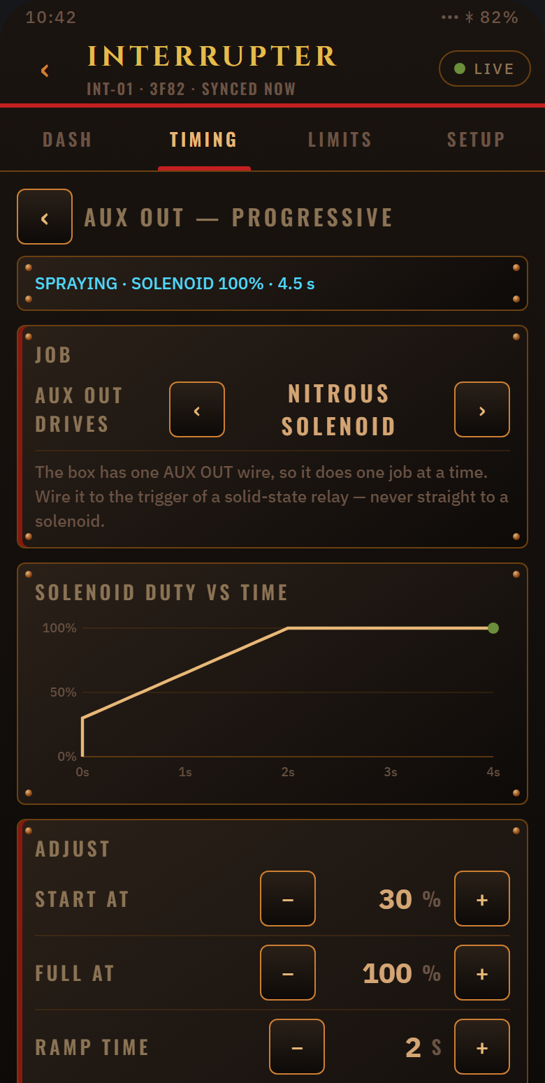 Design mock-up of the planned STOKER app: progressive nitrous screen: solenoid duty ramps from 30 to 100 percent over 2 seconds
