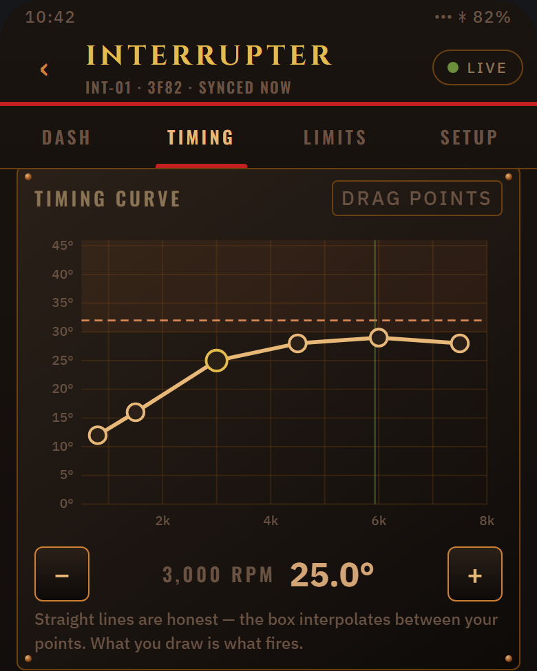 Design mock-up of the planned STOKER app: timing curve editor: six points from idle to 8,000 rpm, with minus and plus buttons for the chosen point