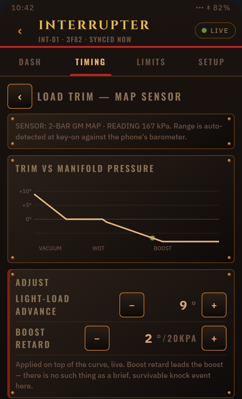 Design mock-up of the planned STOKER app: load trim screen: timing trim against manifold pressure, from vacuum to boost