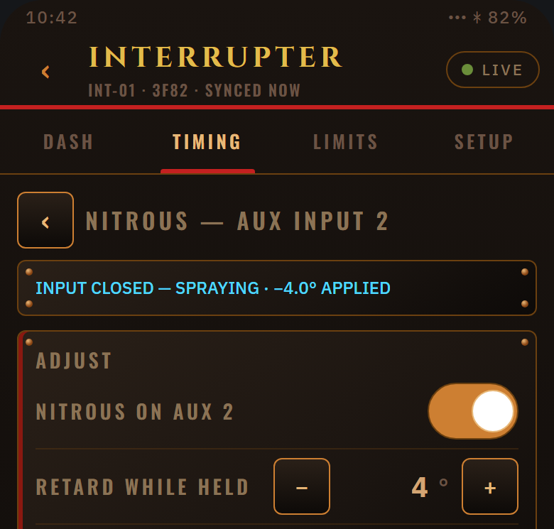 Design mock-up of the planned STOKER app: nitrous screen: nitrous input on, timing retard while it is held