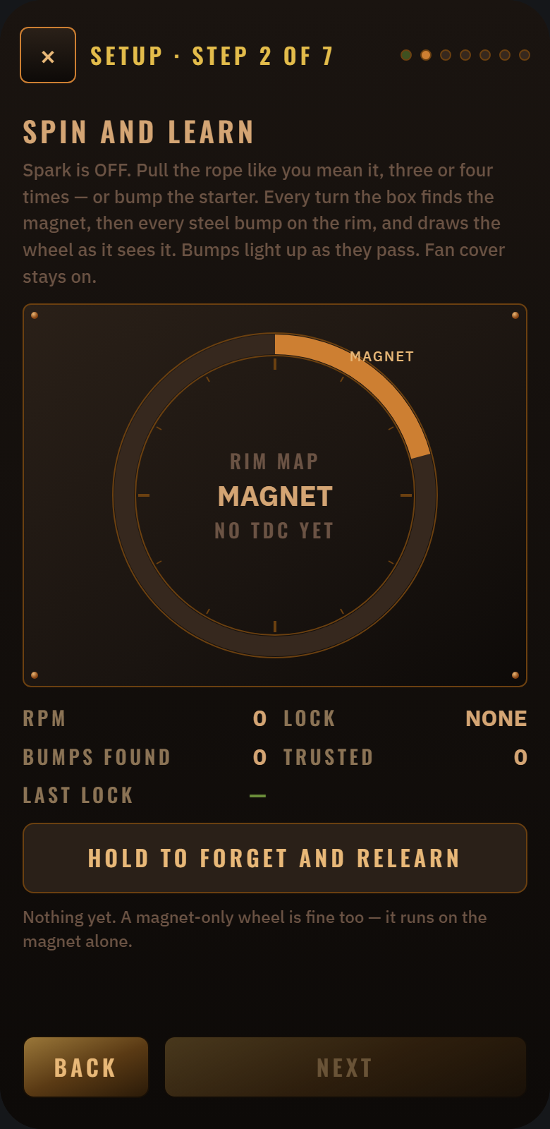 Design mock-up of the planned STOKER app: setup screen, Spin and learn: a drawing of the flywheel rim with the magnet marked