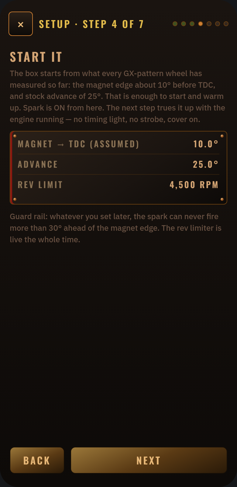 Design mock-up of the planned STOKER app: setup screen, Start it: the starting timing and rev limit