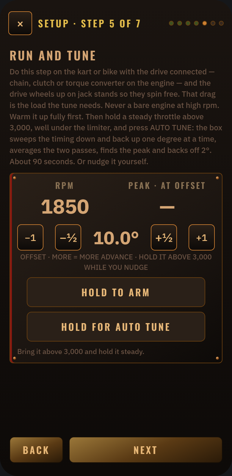 Design mock-up of the planned STOKER app: setup screen, Run and tune: RPM readout, timing nudge buttons and an auto tune button