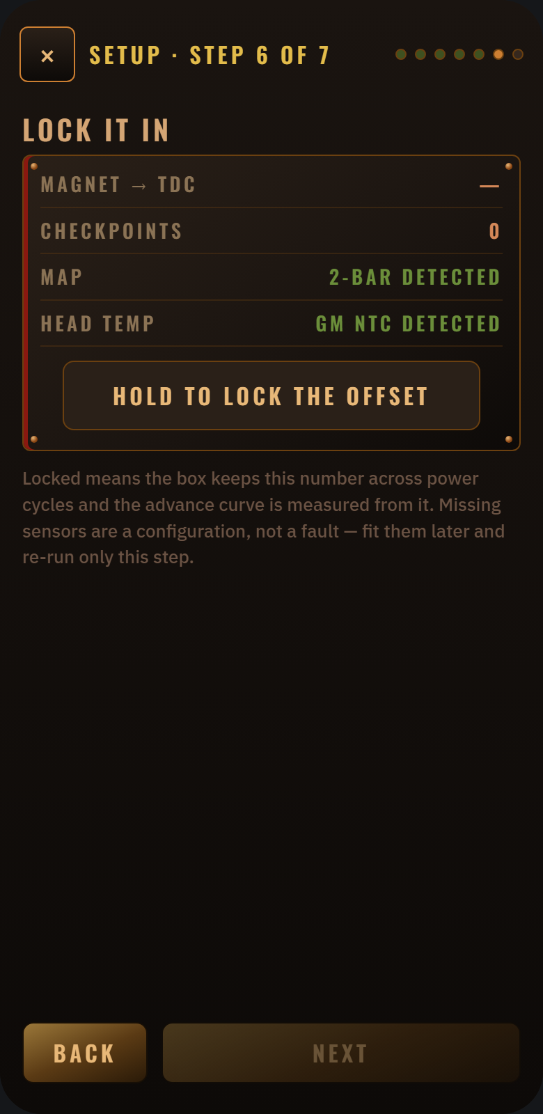 Design mock-up of the planned STOKER app: setup screen, Lock it in: the learned timing and the sensors it found