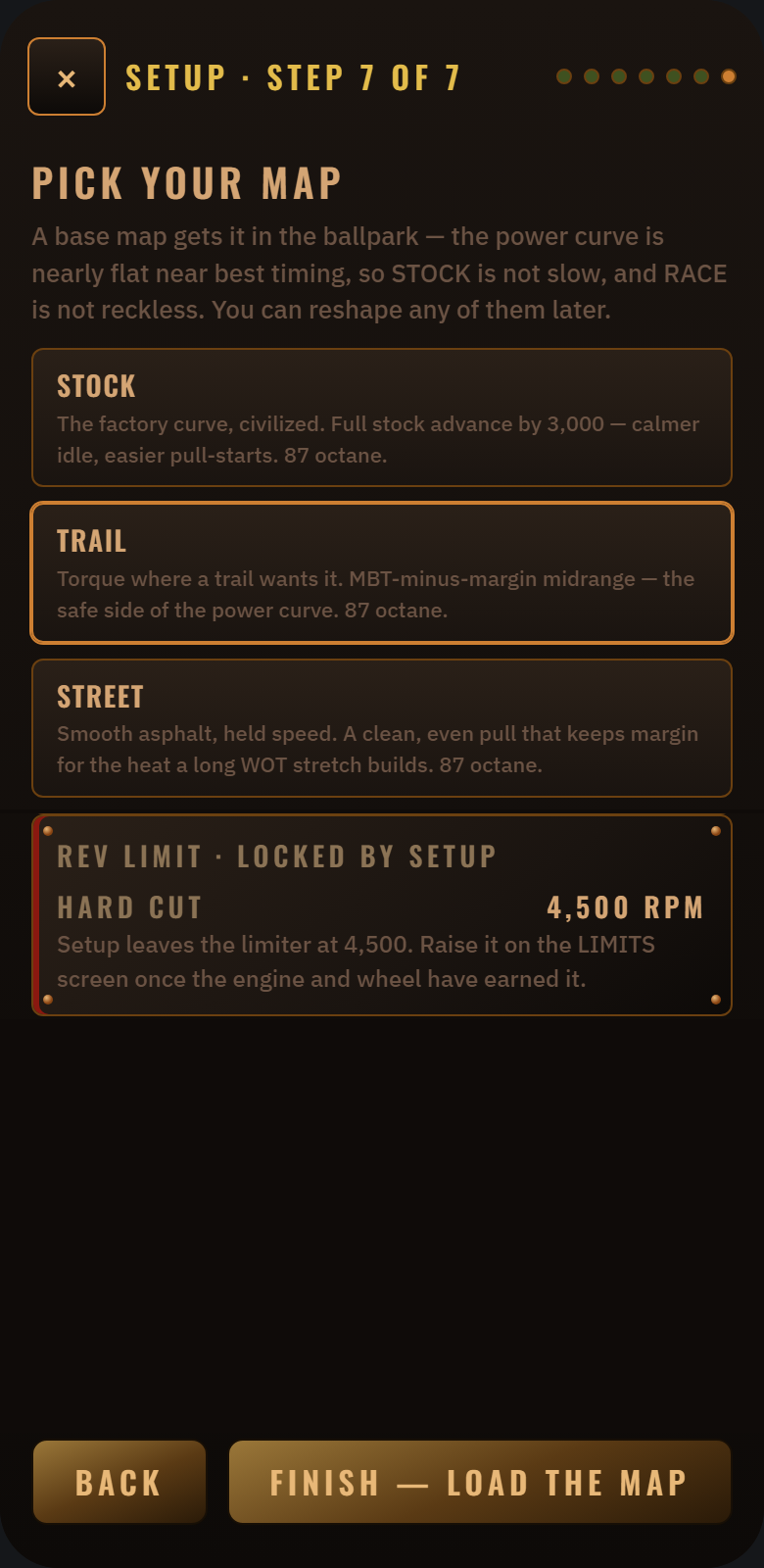 Design mock-up of the planned STOKER app: setup screen, Pick your map: Stock, Trail and Street timing maps