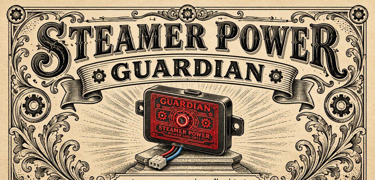Engraved title plate: Steamer Power Guardian on a ribbon, the unit on a plinth under a sunburst