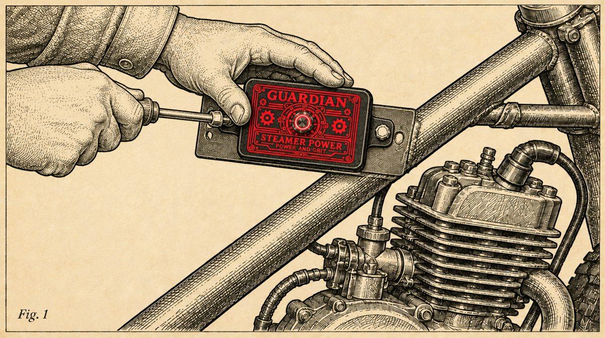 Engraving: hands driving a screw through the Guardian's mounting ear into a frame tube