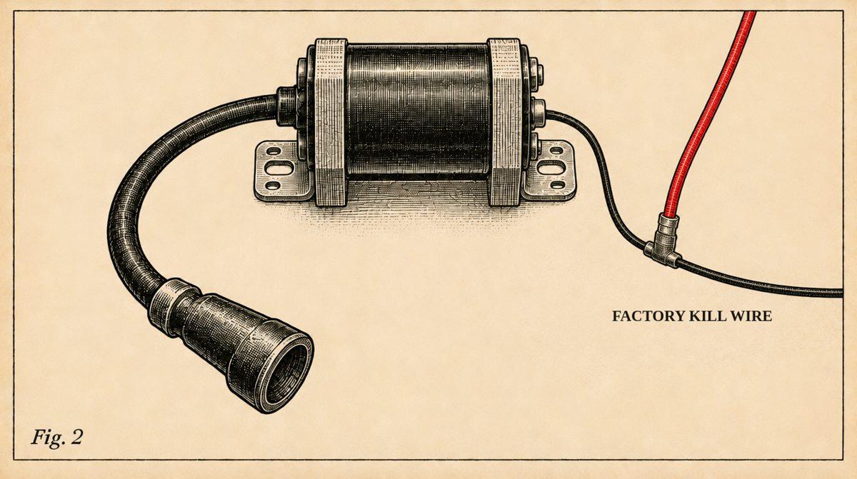 Engraving: an ignition coil with its factory kill wire labelled