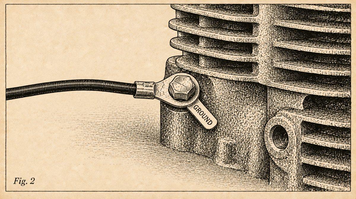 Engraving: a ring terminal bolted to the engine block, tagged ground