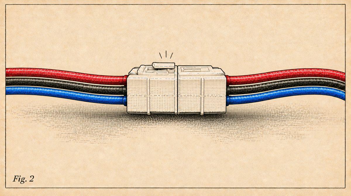 Engraving: the red, black and blue wires joined at the plug