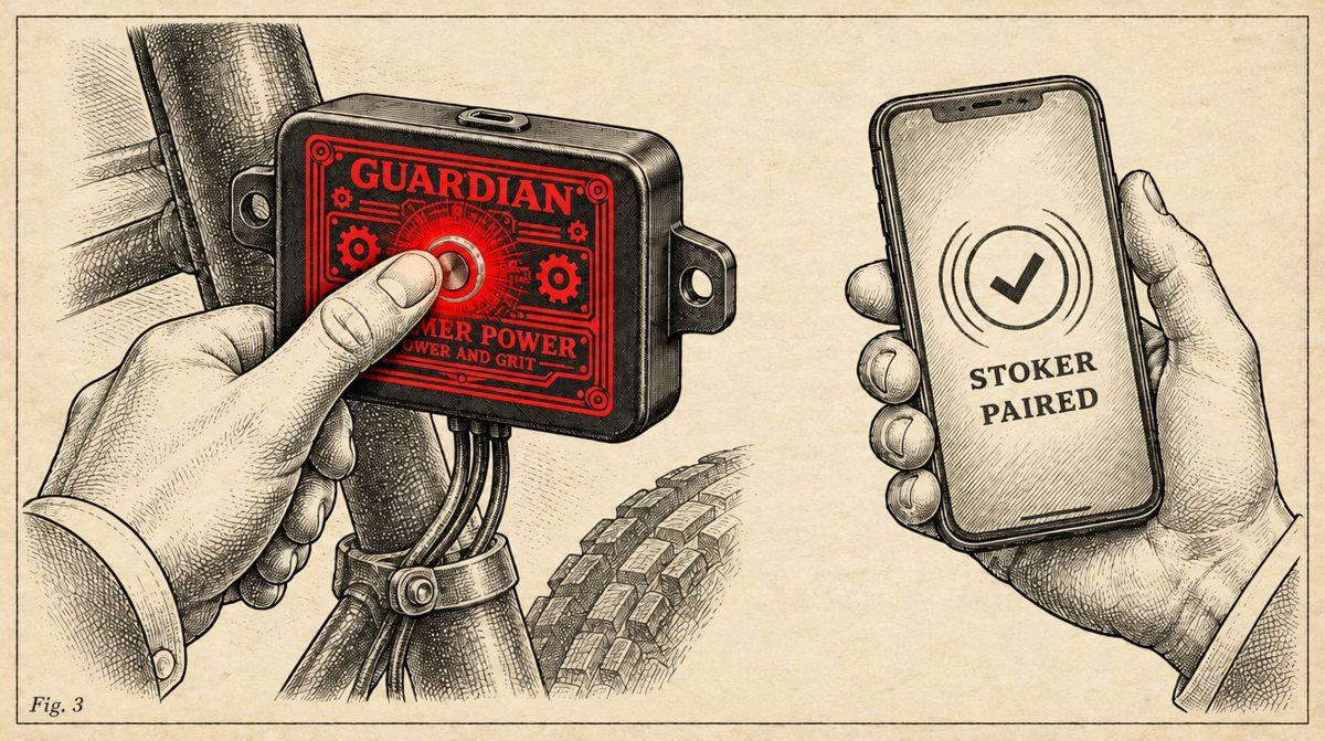 Engraving: a thumb pressing the Guardian's button while a phone shows STOKER paired